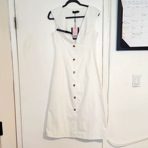White V Neck Structured Tortoise Shell Button Midi Dress